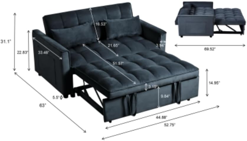 Convertible Sofa Bed, Pull Out Sofa Bed with Adjustable Backrest, 3 in 1 Velvet Fabric Loveseat Sleeper Sofa Bed Couch with Side Pockets for Living Room, Bedroom, Apartment, Black