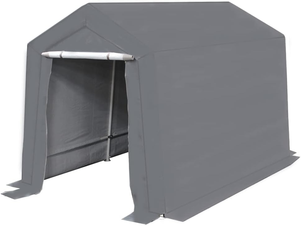 King Canopy Storage Shed 7-Ft by 12-Ft, 1.5-in Steel Frame, Enclosed w/roll-up Zipper Door, 185 GSM PE Cover, 6-Leg, Outdoor, Carport, Bicycle, Motorcycle, ATV, Gardening, Patio, Grey, G0712