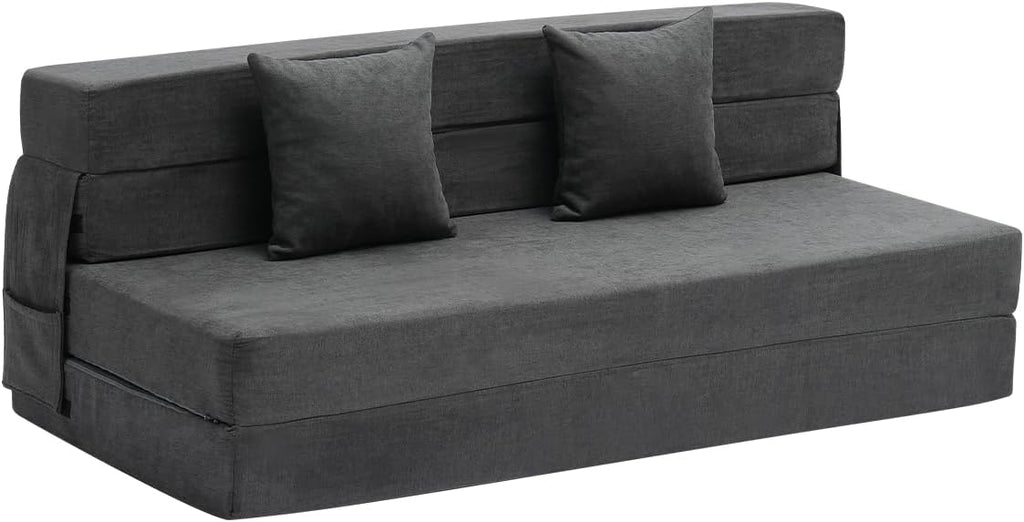 VEVOR Folding Sofa Bed, 3-in-1 Foldable Couch Bed with 2 Pillows and Washable Cover, 25D High Density Memory Foam Convertible Sleeper Chair Bed, Futon Couch for Living Room, Bedroom, Dark Grey(Queen)