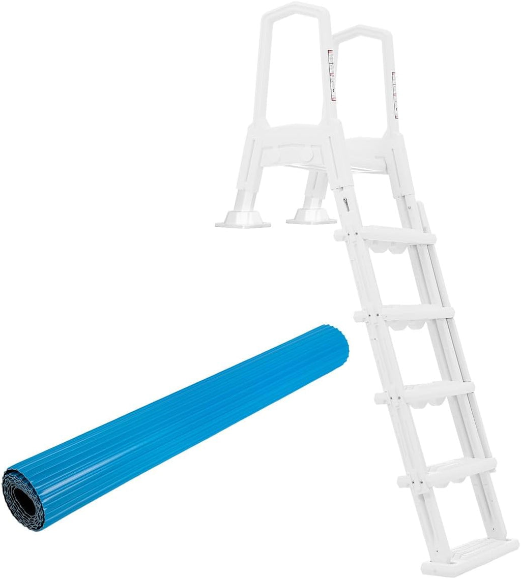 XtremepowerUS Above Ground Pool Ladder with Protective Mat – Inclined Entry Step System + 24 x 36 Inch Pad for Liner Protection (1 Ladder + 1 Mat)