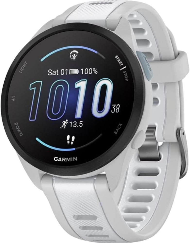 Garmin 010-02863-21 Forerunner 165 Smart Sport Watch, Mist Gray + Whitestone Bundle with Deco Essentials Charging Dock, 3X Silicone Dust Cover and USB Type C Charging and Sync Cable