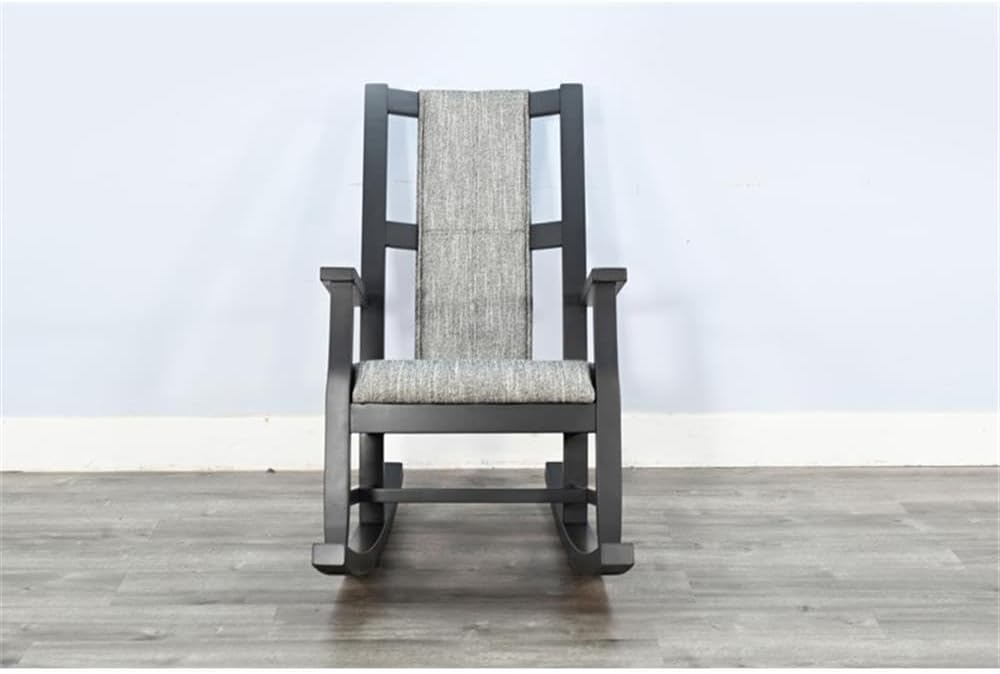 Pemberly Row Wood Farmhouse Rocker, Black Finish, Gray Upholstered Cushions, Ladder Back Design, Sturdy Durable Frame, Comfortable Modern Rocking Chair for Living Room or Nursery Lounge Use