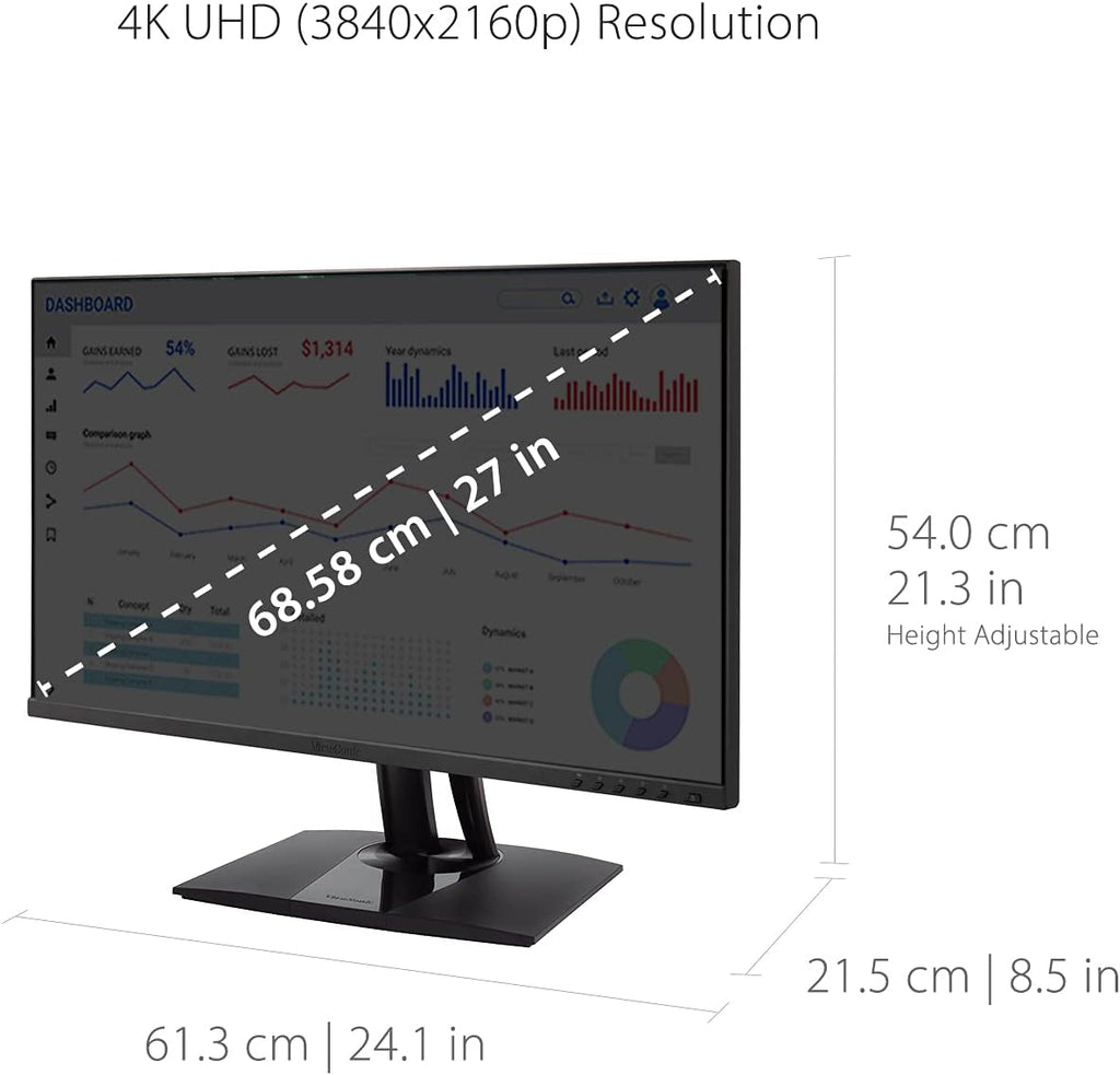 ViewSonic VP2756-4K 27 Inch 4K ColorPro Monitor, IPS Display with 100% sRGB and Pantone Validated for Professional Photo Editing, Advanced Ergonomics, 60W USB-C, HDMI, and DisplayPort Inputs