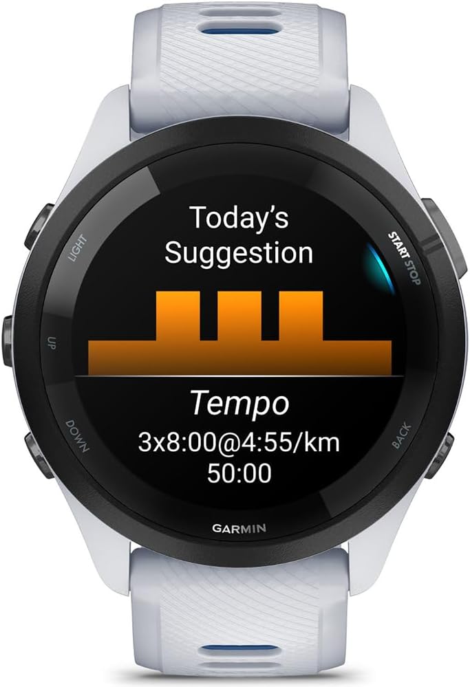 Garmin 010-02810-01 Forerunner 265 GPS Smartwatch Whitestone/Tidal Blue Bundle with Deco Essentials Silicone Dust Cover 3 Pack, Round Screen Protector and 2 YR CPS Enhanced Protection Pack