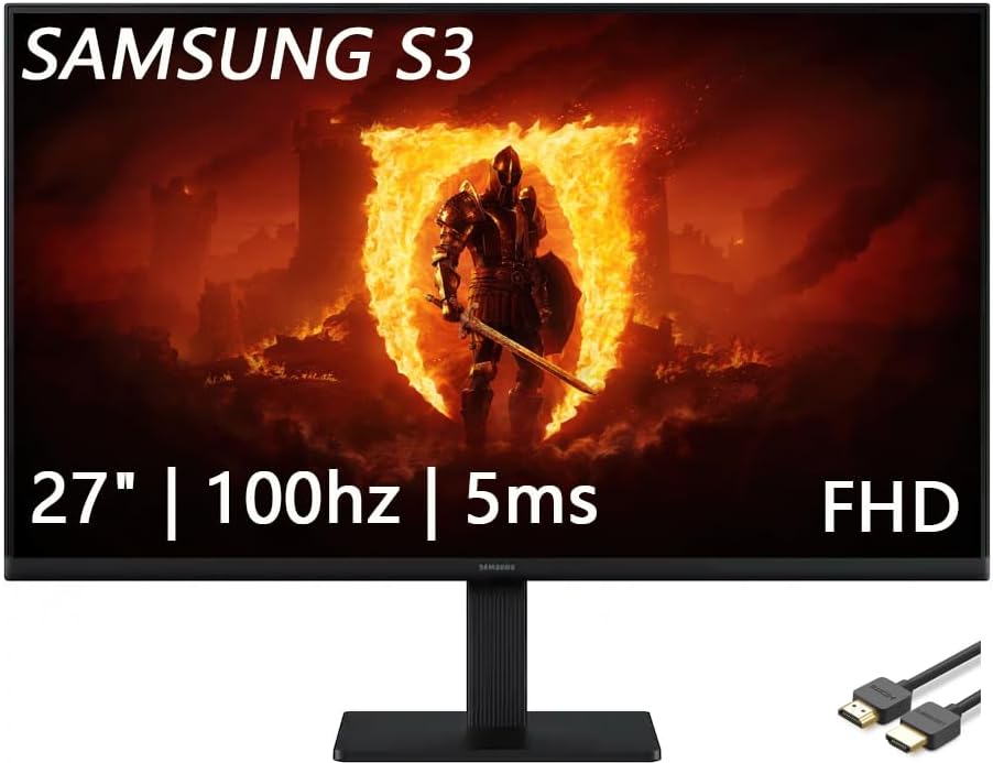 Samsung 27' S3 Series IPS LED FHD Monitor, Game Mode, Eye Saver Mode, HDMI, D-sub, 100Hz Refresh Rate, Black, with HDMI Cable