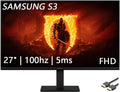 Samsung 27' S3 Series IPS LED FHD Monitor, Game Mode, Eye Saver Mode, HDMI, D-sub, 100Hz Refresh Rate, Black, with HDMI Cable