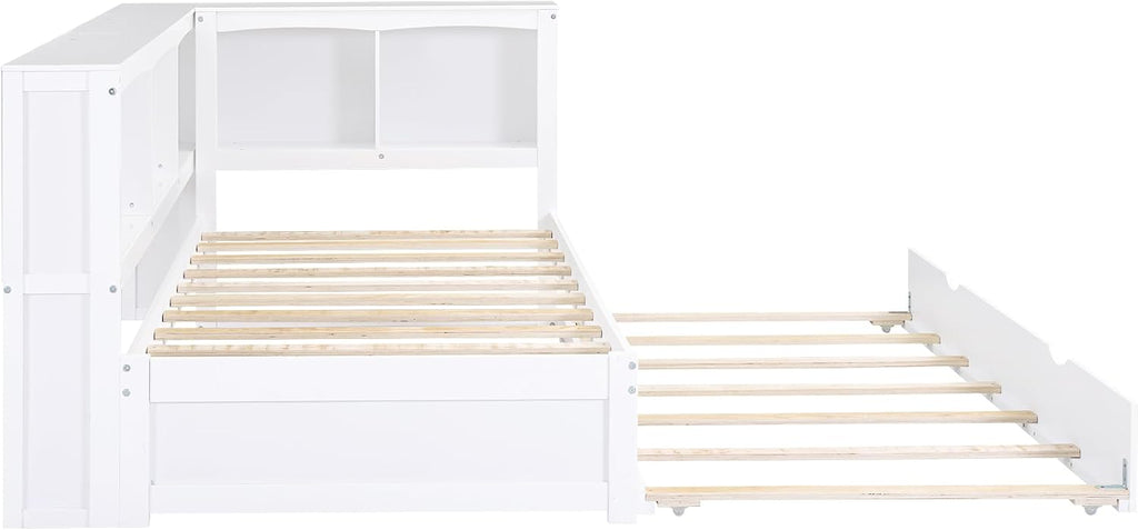 Harper & Bright Designs Wood Twin Size Daybed with Trundle, Storage Bookcases, and USB Ports, Twin Platform Bed with Headboard, Twin Size Sofa Bed Frame for Bedroom Living Room (White)