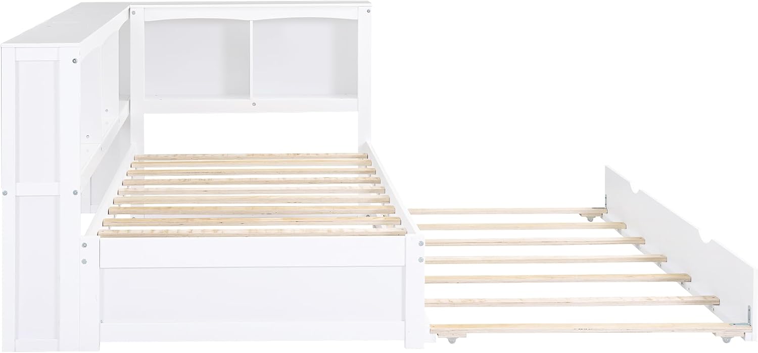 Harper & Bright Designs Wood Twin Size Daybed with Trundle, Storage Bookcases, and USB Ports, Twin Platform Bed with Headboard, Twin Size Sofa Bed Frame for Bedroom Living Room (White)