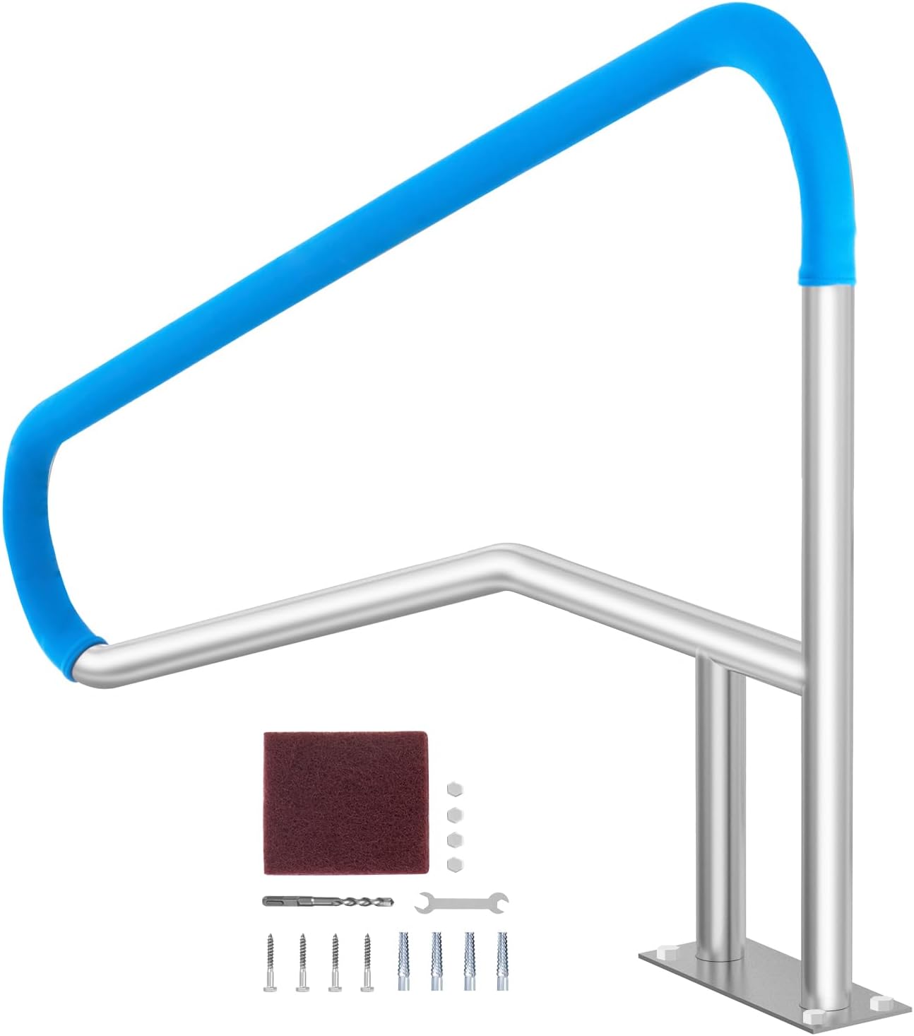 VEVOR Pool Rail 54x36 Pool Railing 304 Stainless Steel 250LBS Load Capacity Silver Rustproof Pool Handrail Humanized Swimming Pool Handrail with Blue Grip Cover & M8 Drill Bit & Self-Taping Screws