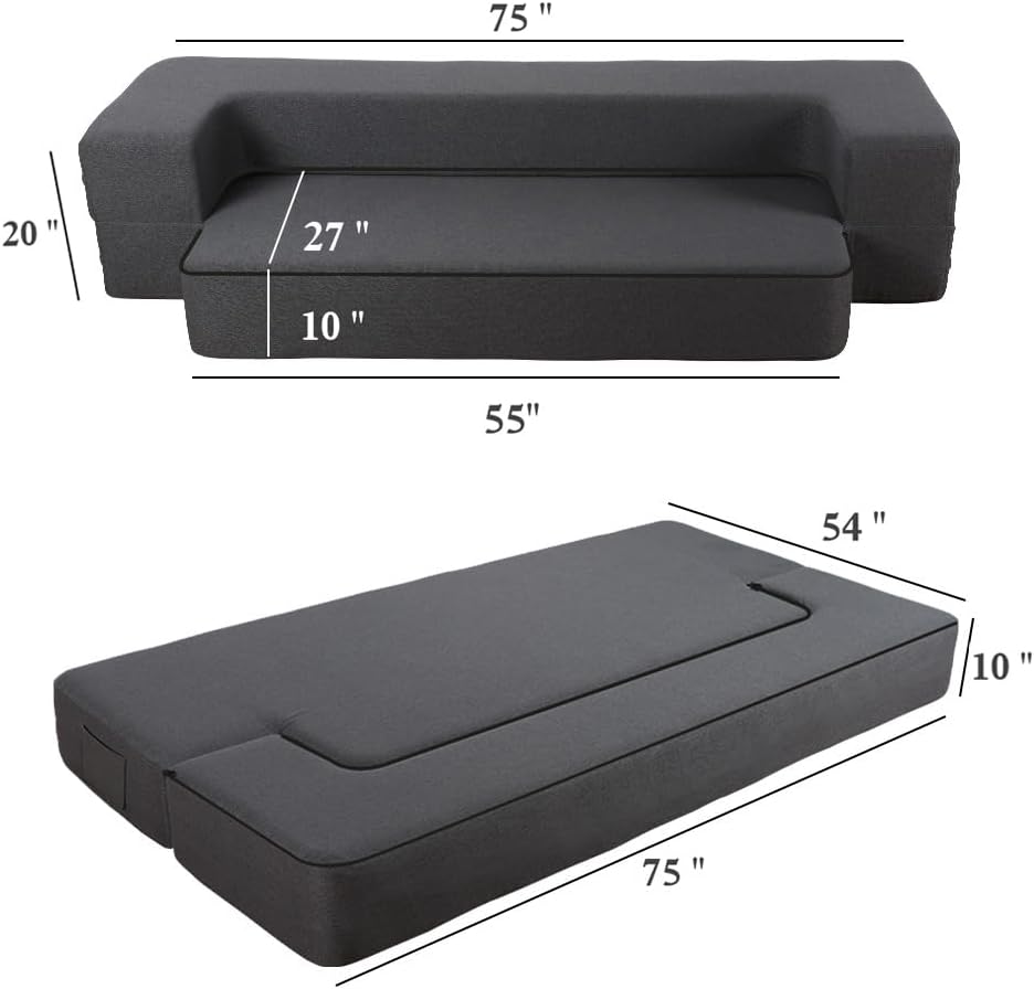 HonTop 10 Inch Modern Folding Sofa Bed Couch Memory Foam Couch Full Futon Sofa Sleeper Chair for Living Room Guest Mattress, Dark Grey