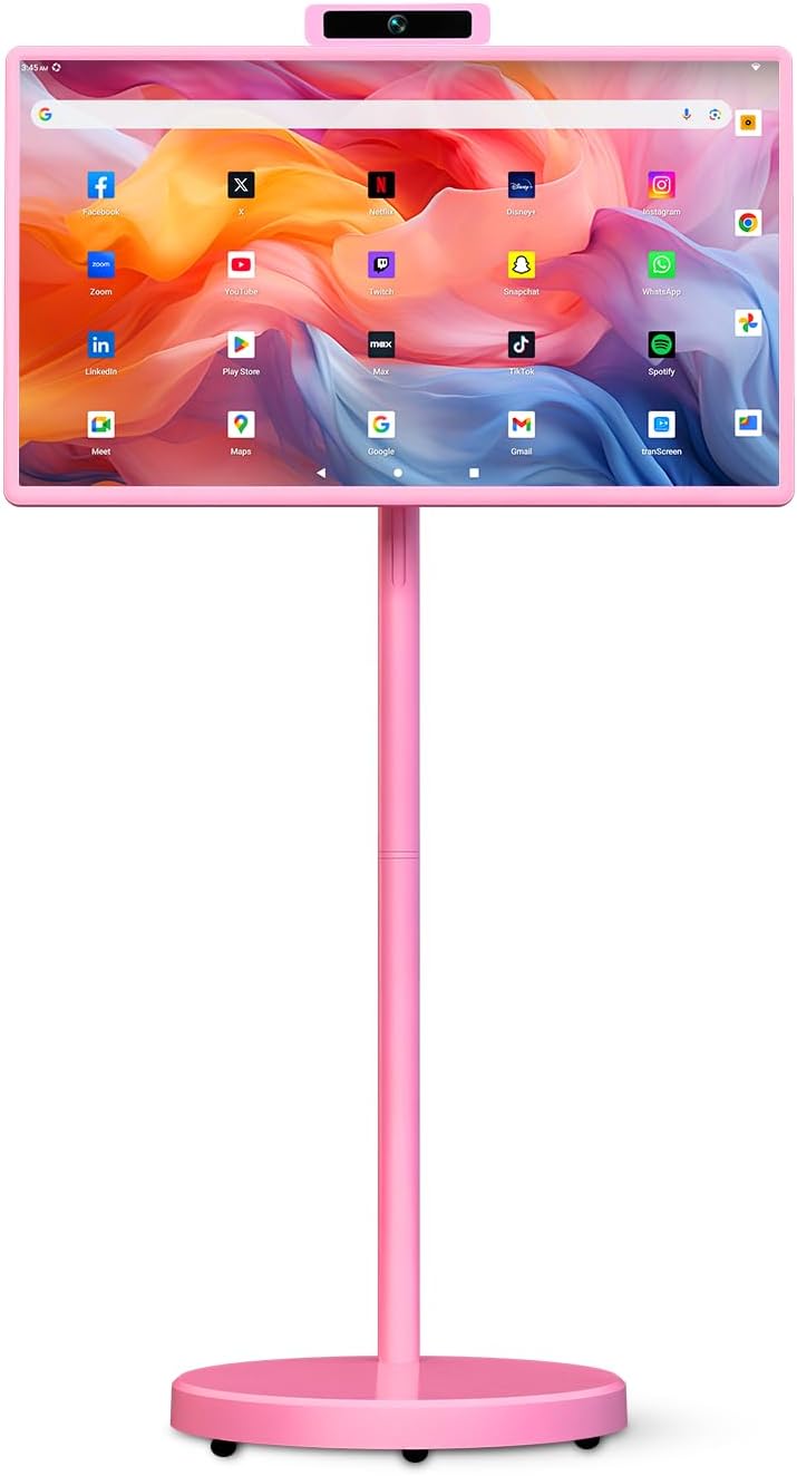 32' Portable Smart TV with Android 15, 1080P Touch Screen Monitor on Wheels, EDLA-Certified, 8GB+128GB Storage, 5MP Camera, 10H Playing Time, Rotatable Display, Wireless Casting, Voice Remote Control