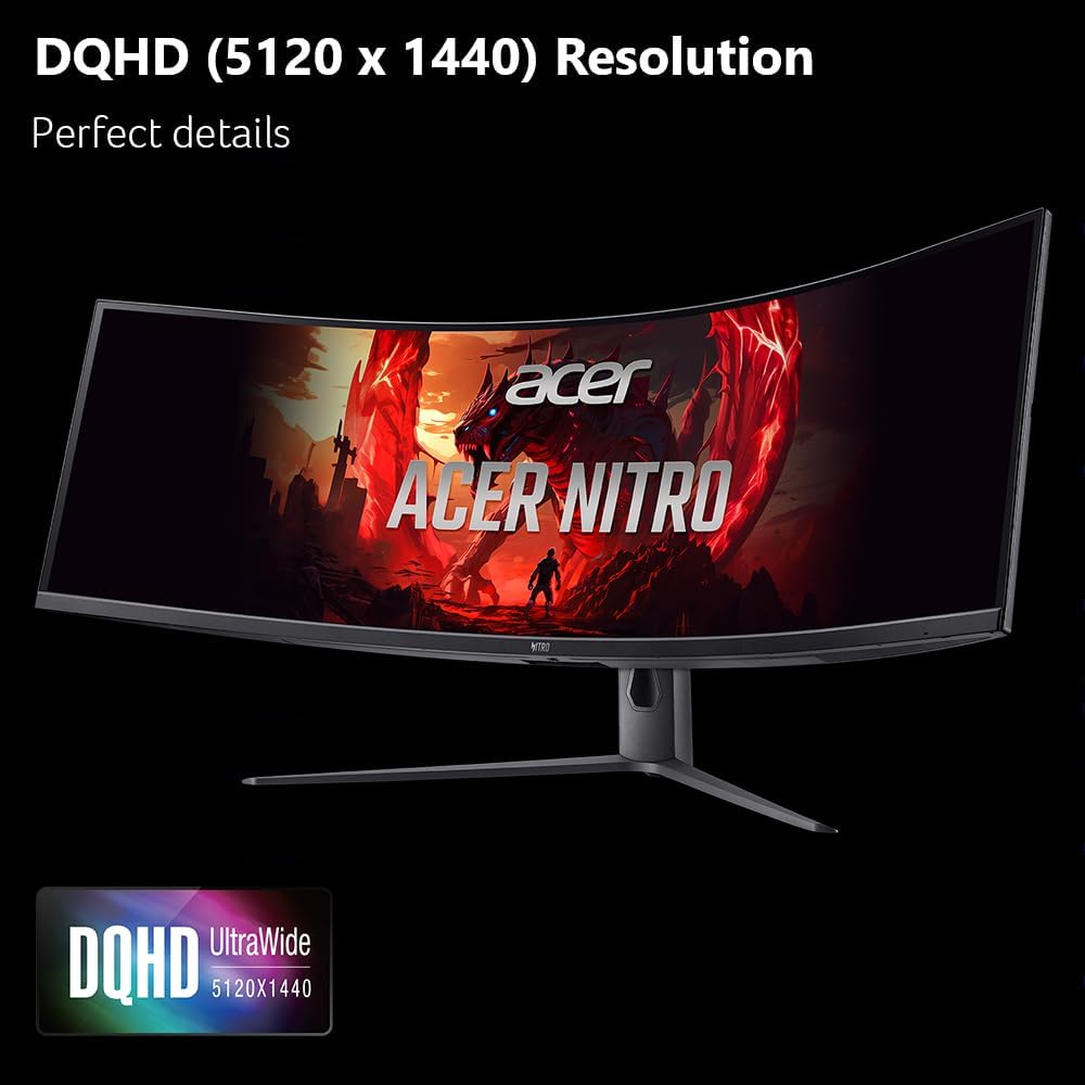 Acer Nitro 49' Gaming Monitor | UltraWide DQHD 5120 x 1440 | 1000R 32:9 Curved | AMD FreeSync | Up to 120Hz Refresh Rate | 3ms (G to G) | 1 x Display Port 1.4 & 2 x HDMI 2.0 Ports | EI491CUR J0biiphx
