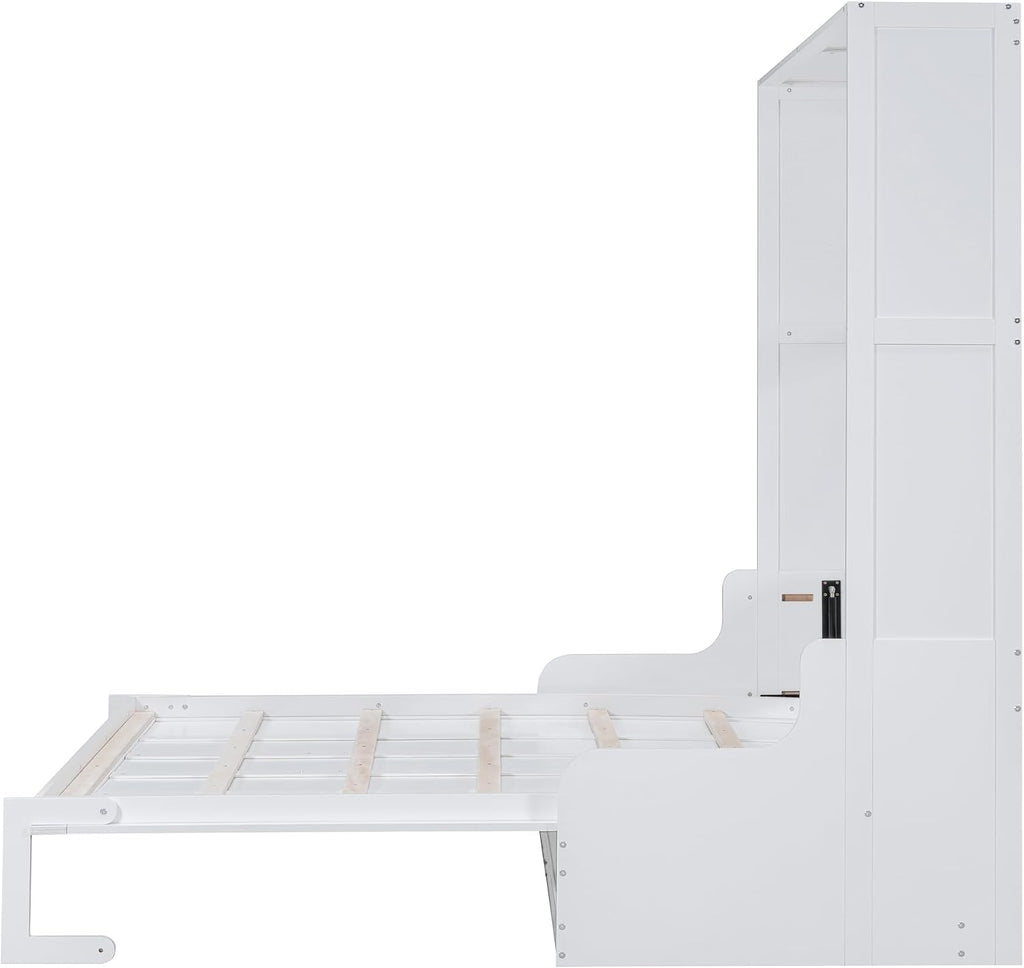 Merax Queen Size Murphy Bed, Wooden Queen Murphy Bed Wall Bed with Sofa and Cushion, for Home Office or Small Room, White