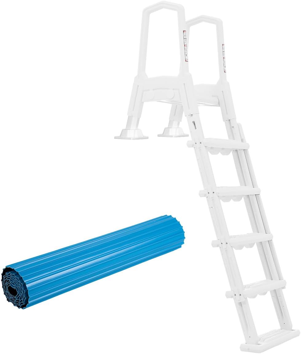 XtremepowerUS Above Ground Pool Ladder with Protective Mat – Inclined Entry Step System + 10 x 24 Inch Pad for Liner Protection (1 Ladder + 1 Mat)