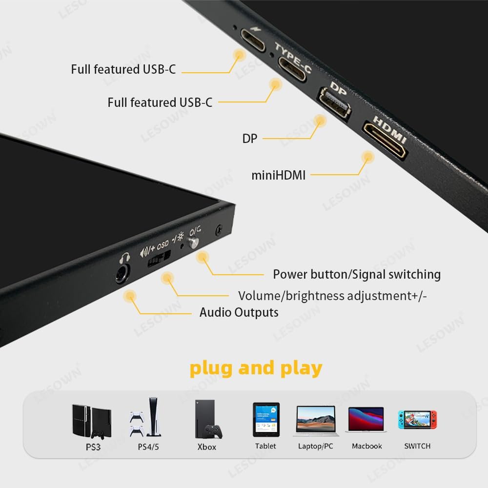 18' 1920x1200 Ultra Thin Portable Gaming Monitor Widescreen 100% sRGB 400Nits VESA USB-C External Display, Built-in Speakers (18' 1200P 120Hz No Touch)