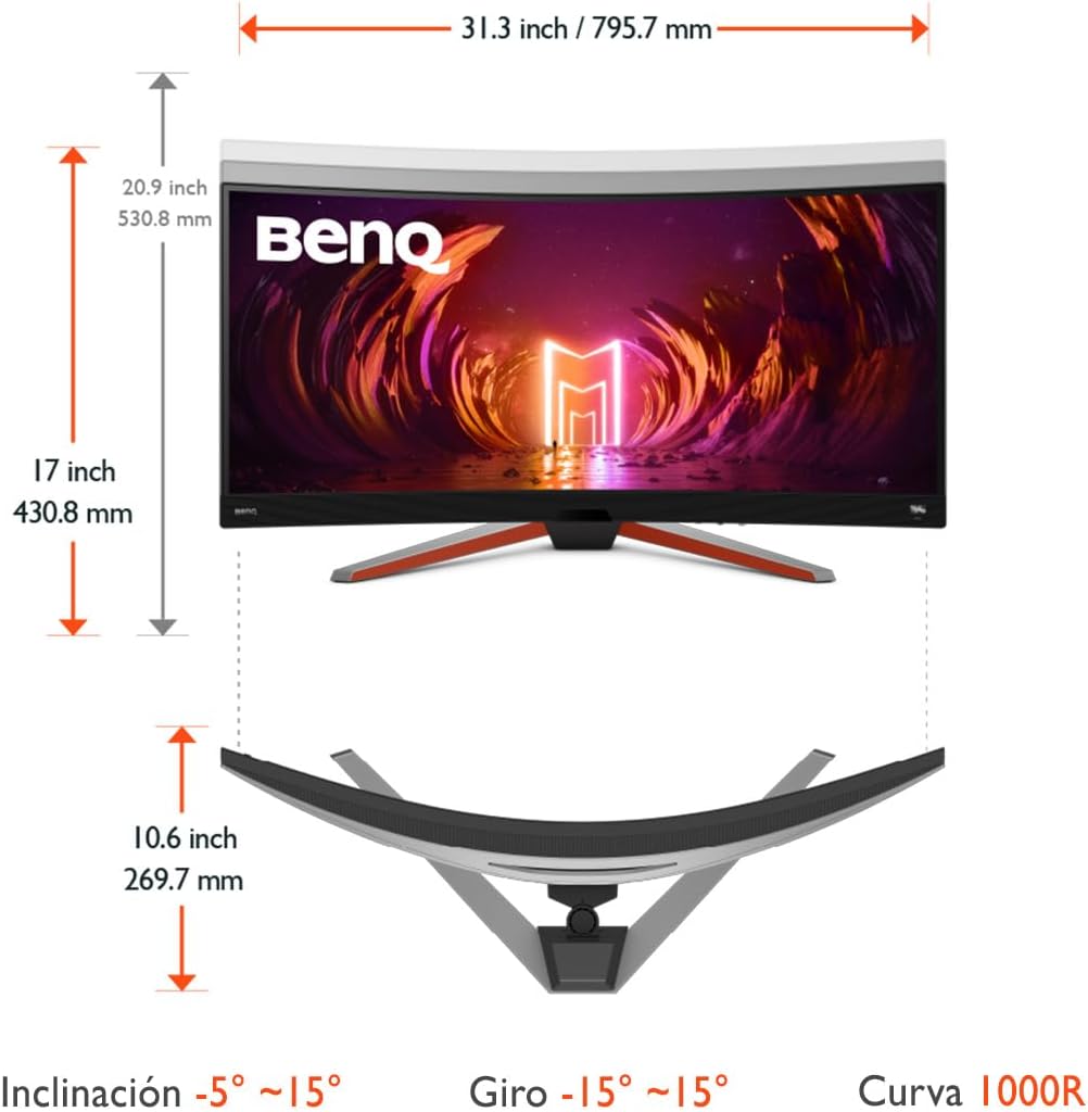 BenQ MOBIUZ EX3410R Curved Gaming Monitor 34' 2K 1440p 144Hz 1ms w/Remote | HDRi | 1000R | Color Optimizer | Freesync Premium Pro | Eye-Care | Height, Swivel & Tilt | 2.1ch w/ 5w Sub | USB Hub