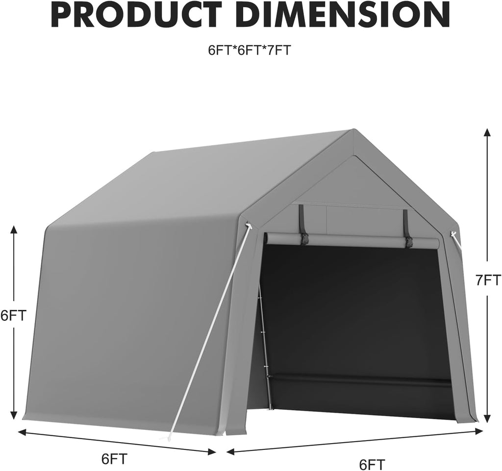 GarveeLife 6 x 6 ft Carport Storage Shed, Portable Garage with Roll-up Zipper Door, Heavy Duty Waterproof Tarp, Storage for Motorcycle, Bike, Firewood, Garden Tools