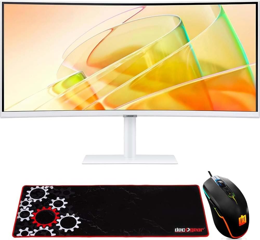 Samsung 34' ViewFinity S65TC Ultra-WQHD 100Hz AMD FreeSync HDR10 Curved Monitor Bundle with Deco Gear Wired Gaming Mouse + Large Extended Pro Gaming Mouse Pad Water Resistant