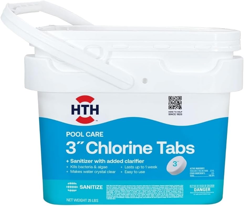 HTH 42046 Swimming Pool Care 3' Chlorine Tabs, Swimming Pool Chlorinating Sanitizer, 25lb