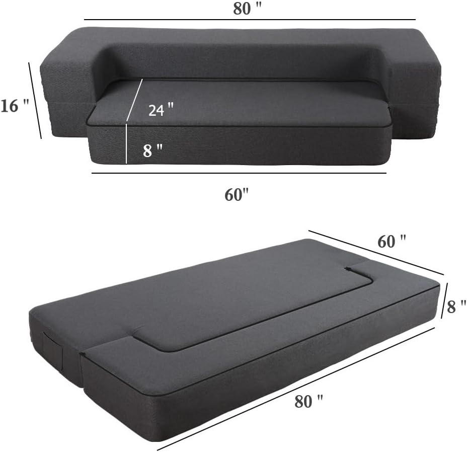 HonTop 8 Inch Folding Sofa Bed Couch Queen Memory Foam Convertible Futon Sleeper Chair Foam Bed for Bedroom Living Room Guest, Dark Grey