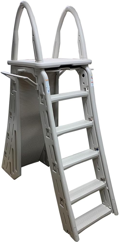 Confer Plastics 7200 Roll Guard 48' to 56' Adjustable A Frame Safety Ladder for Above Ground Outdoor Patio Swimming Pool Platform Ladder with Step Barrier, Warm Grey…