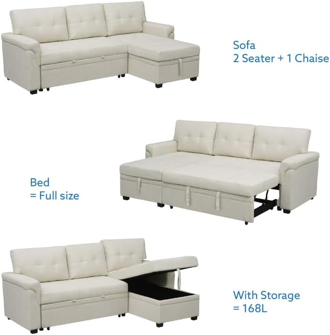 Naomi Home L Shaped Sectional Couch with Storage & Pull Out Bed – 3-in-1 Convertible Sleeper Sofa Bed, Small L Shape Sofa for Living Room, Sofa Bed with Storage Chaise in Cream, Velvet