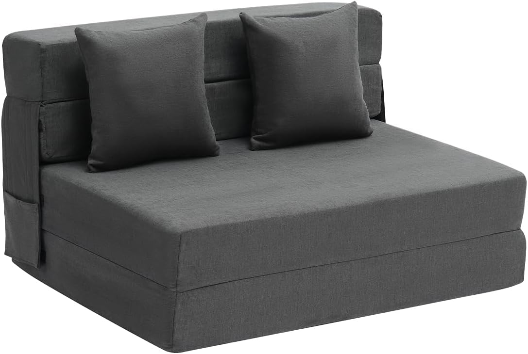 VEVOR Folding Sofa Bed, 3-in-1 Foldable Couch Bed with 2 Pillows and Washable Cover, 25D High Density Memory Foam Convertible Sleeper Chair Bed, Futon Couch for Living Room, Bedroom, Dark Grey(Twin)