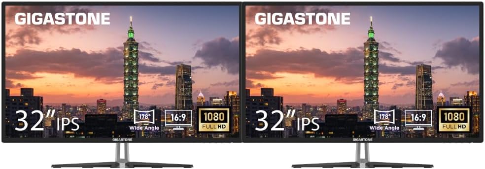 Gigastone 32 inch IPS LED Back Light Monitor 2-Pack 75Hz FHD 1920 x 1080, 178° Wide View Frameless Computer Monitor 5ms, Eye Care Technology, Ergonomic Tilt VESA Mount, HDMI VGA