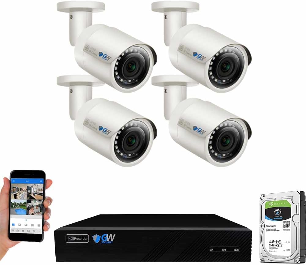 GW Security 8 Channel 4K NVR 5MP POE Audio & Video Security Camera System - Four 5MP 1920P AI Human & Vehicle Detection Weatherproof Bullet Cameras, Built in Microphone, Quick QR Code Easy Setup