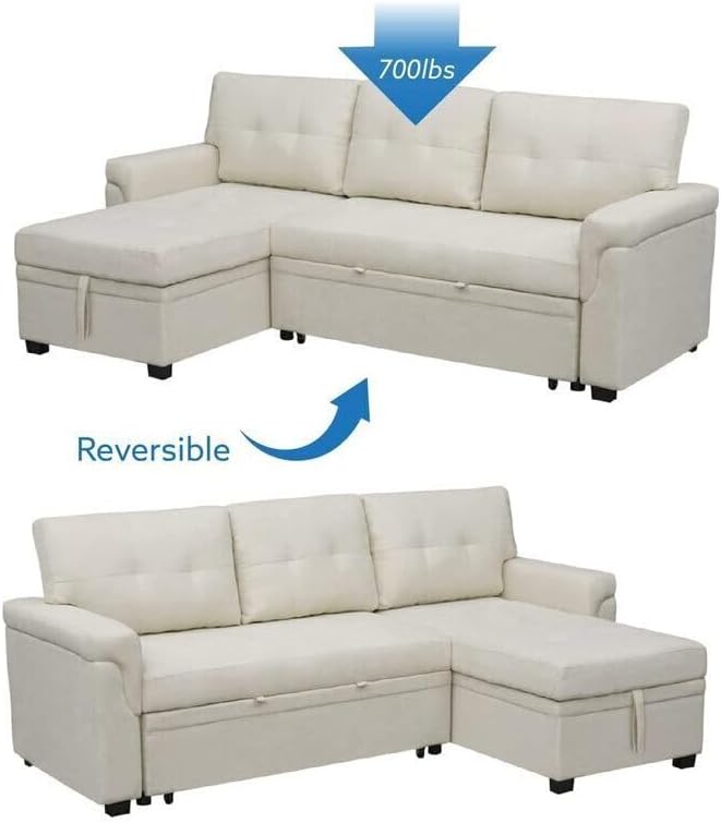 Naomi Home L Shaped Sectional Couch with Storage & Pull Out Bed – 3-in-1 Convertible Sleeper Sofa Bed, Small L Shape Sofa for Living Room, Sofa Bed with Storage Chaise in Cream, Velvet