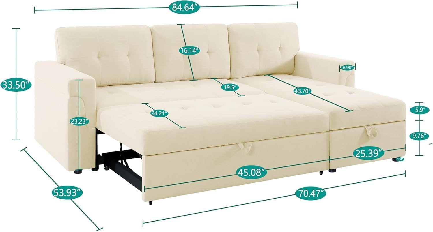 Naomi Home L Shaped Sectional Couch with Storage & Pull Out Bed – 3-in-1 Convertible Sleeper Sofa Bed, Small L Shape Sofa for Living Room, Sofa Bed with Storage Chaise in Cream, Velvet