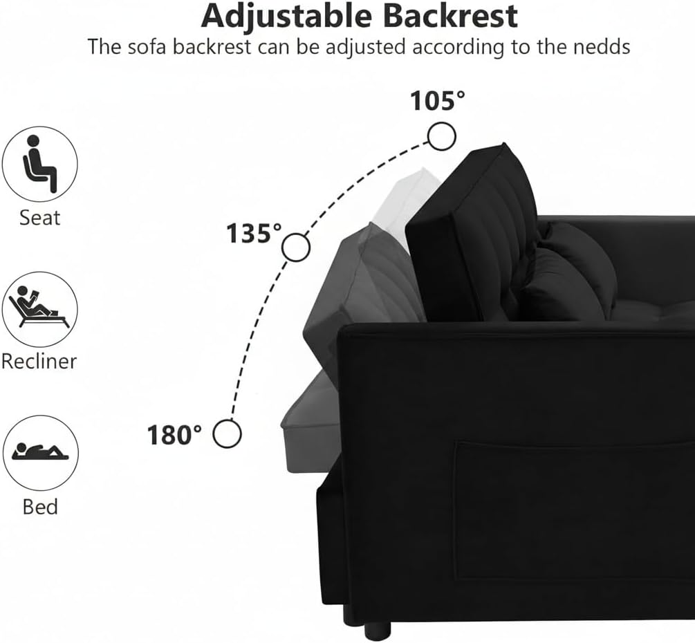 Loveseat Sleeper Sofa, 3 in 1 Convertible Sofa Bed, Adjustable Backrest Comfy Pull Out Couch, Modern Upholstered Sofa for Living Room Bedroom Apartment Small Space (Black)