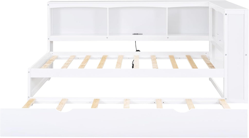 Harper & Bright Designs Wood Twin Size Daybed with Trundle, Storage Bookcases, and USB Ports, Twin Platform Bed with Headboard, Twin Size Sofa Bed Frame for Bedroom Living Room (White)