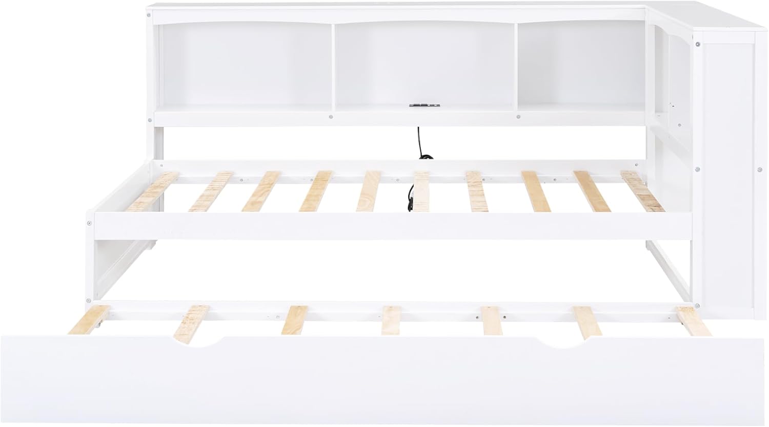 Harper & Bright Designs Wood Twin Size Daybed with Trundle, Storage Bookcases, and USB Ports, Twin Platform Bed with Headboard, Twin Size Sofa Bed Frame for Bedroom Living Room (White)