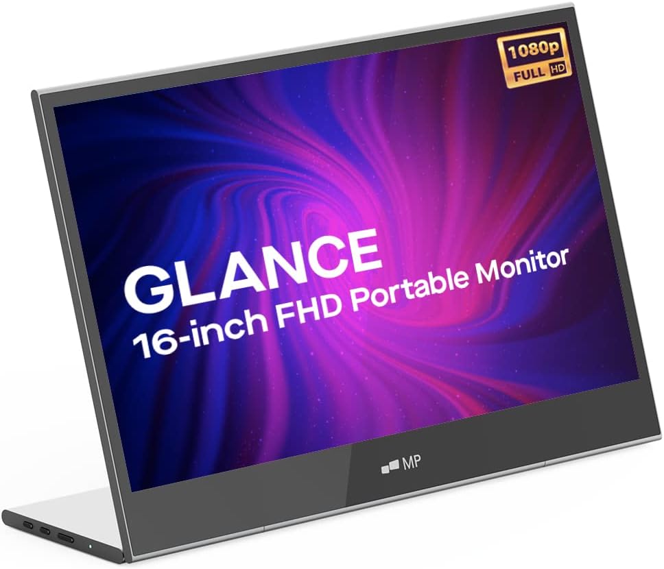MP Mobile Pixels Portable Laptop Monitor, Glance Travel Monitor 16' 1080P FHD HDMI USB Type C Monitor, Built-in Dual Speakers, Tilt Adjustment & Non-Slip Mobile Monitor for PC, macOS, Windows, PS4/5