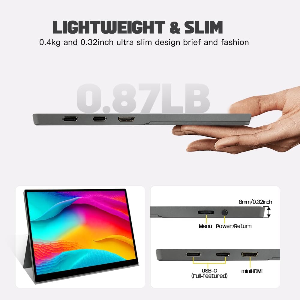 Portable Small Monitor 10.5 inch USB C 100% sRGB 1500:1 FHD 1920x1280 IPS Touch Ultra-Thin External Second Screen Display for Gaming Computer PC Phone Mac