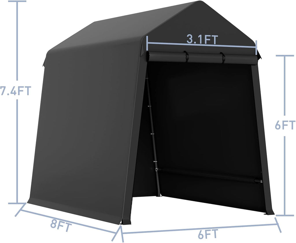 GarveeLife 6X8 ft Heavy Duty Outdoor Shed,Portable Storage Shed,with 2 Rolled Up Zipper Doors,Vents Carports & Waterproof Cover Temporary Shelter for Motorcycle,Gardening Tools and Generator(Black)