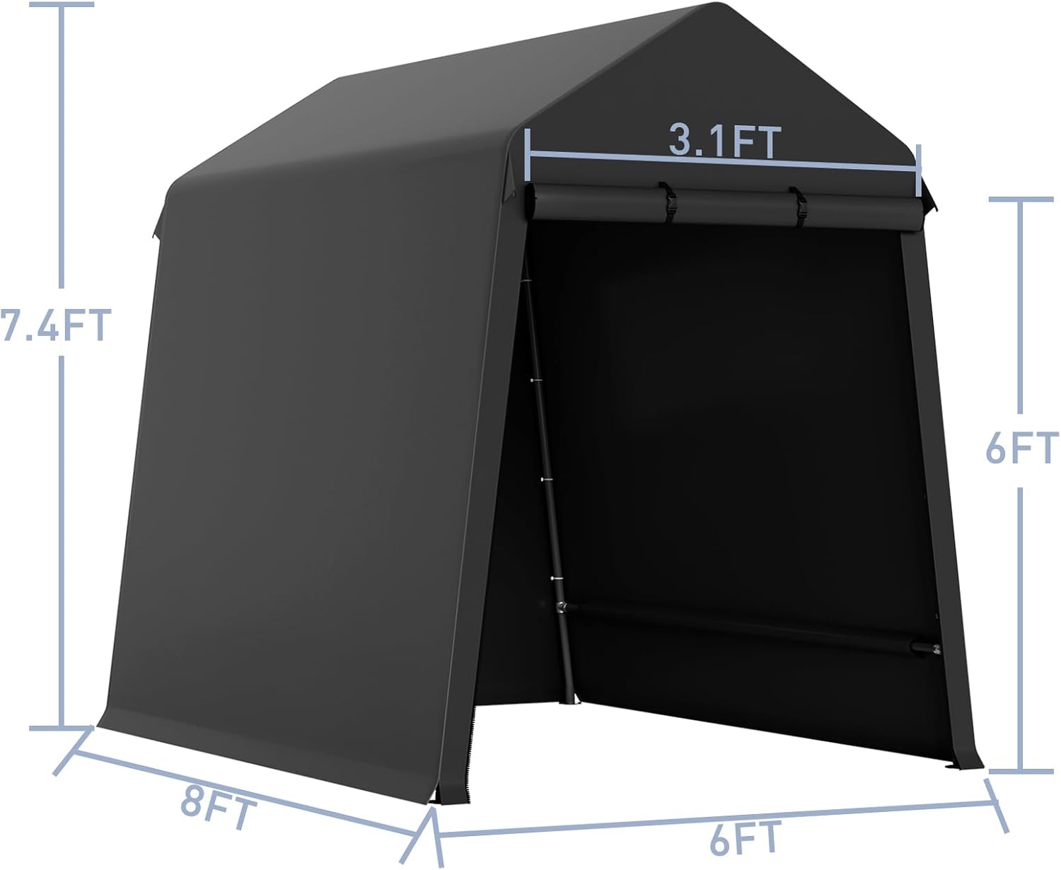 GarveeLife 6X8 ft Heavy Duty Outdoor Shed,Portable Storage Shed,with 2 Rolled Up Zipper Doors,Vents Carports & Waterproof Cover Temporary Shelter for Motorcycle,Gardening Tools and Generator(Black)