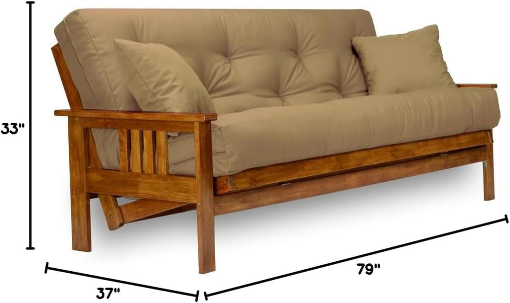 Nirvana Futons Stanford Futon Set - Full Size, Frame, 8' Mattress, Microfiber Sussex Khaki Cover