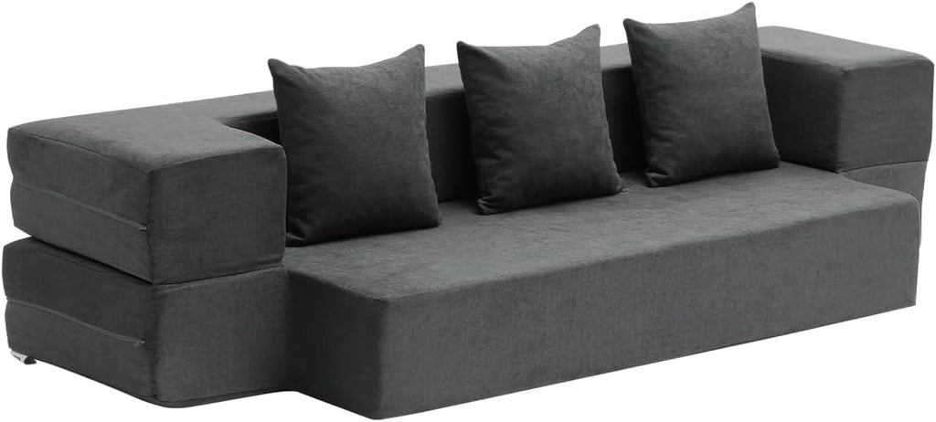 VEVOR Folding Sofa Bed, 3-in-1 Foldable Couch Bed with 3 Pillows and Washable Cover, 25D High Density Memory Foam Convertible Sleeper Chair Bed, Futon Couch, Dark Grey(Twin XL)