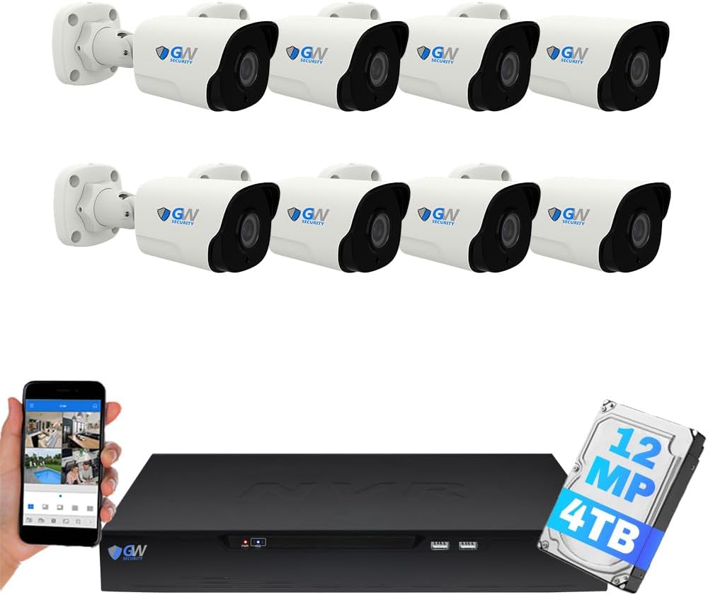 GW Security 16 Channel NVR UltraHD 12MP 6K Face/Human/Vehicle Detection PoE Security Camera System with 8 x 12MP IP Microphone Smart AI Bullet Cameras, Color Night Vision, Outdoor/Indoor Camera