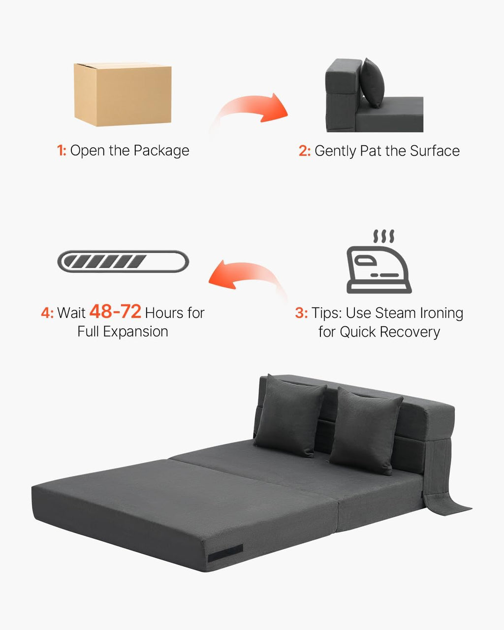 VEVOR Folding Sofa Bed, 3-in-1 Foldable Couch Bed with 2 Pillows and Washable Cover, 25D High Density Memory Foam Convertible Sleeper Chair Bed, Futon Couch for Living Room, Bedroom, Dark Grey(Twin)