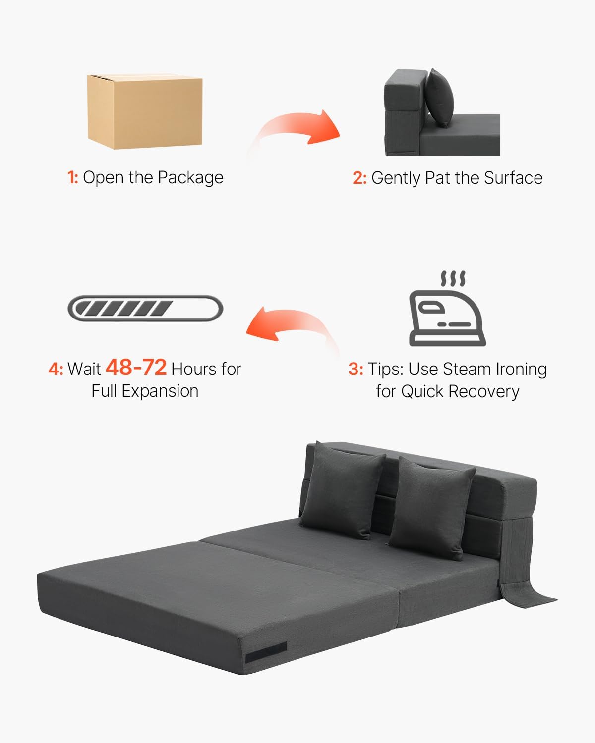 VEVOR Folding Sofa Bed, 3-in-1 Foldable Couch Bed with 2 Pillows and Washable Cover, 25D High Density Memory Foam Convertible Sleeper Chair Bed, Futon Couch for Living Room, Bedroom, Dark Grey(Twin)