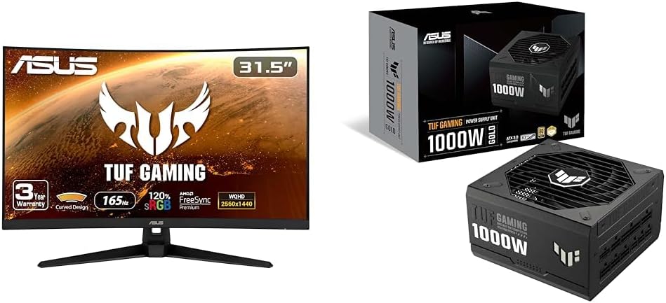 ASUS TUF Gaming 32' 1440P HDR Curved Monitor (VG32VQ1B) - QHD (2560 x 1440), 165Hz (Supports 144Hz) & TUF Gaming 1000W Gold, ATX 3.0 Compatible Fully Modular Power Supply