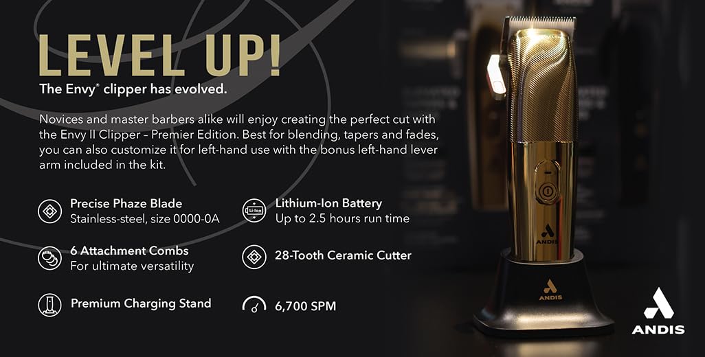 Andis Envy II Cordless Clipper Premium Edition, Professional Lithium-ion Electric Beard & Hair Clipper, Phaze Blade, Cordless, Gold