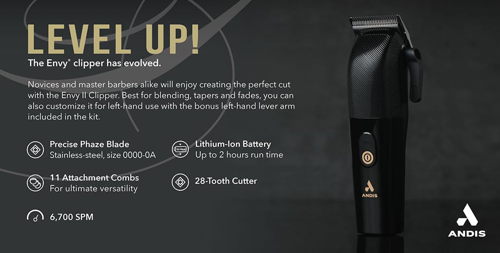 Andis Envy II Cordless Clipper, Professional Lithium-ion Electric Beard & Hair Clipper, Phaze Blade, Cordless, Black