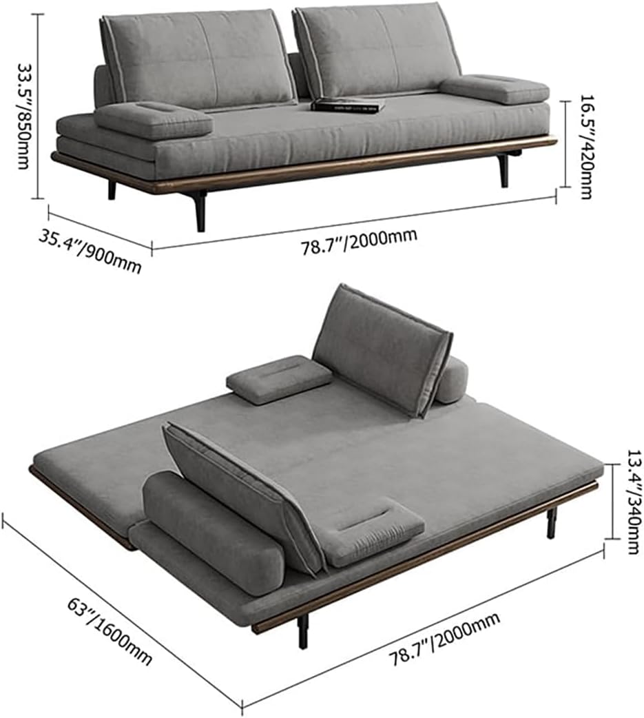 homary Modern Pull Out Sofa Bed Khaki Sleeper Sofa 78.7'' Mid Century Wood Convertible Sofa with Pull Out Bed Cotton & Linen (Gray)