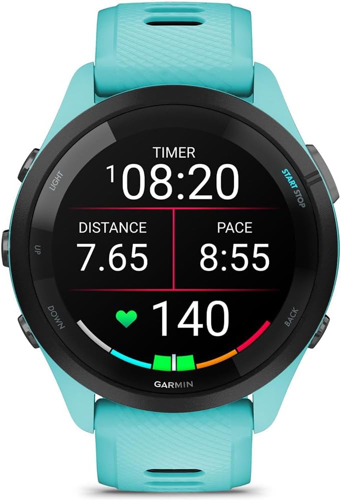 Garmin 010-02810-02 Forerunner 265 GPS Smartwatch Aqua/Black Bundle with Deco Essentials Silicone Dust Cover 3 Pack, Round Tempered Glass Screen Protector and 2 YR CPS Enhanced Protection Pack