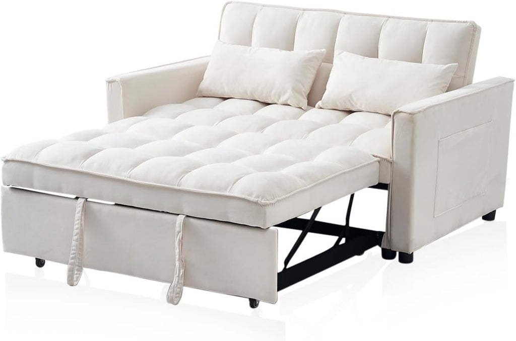 3-in-1 Convertible Sleeper Sofa Bed, Premium Velvet Pull Out Loveseat with Storage Pocket and 2 Pillows, Modern Tufted Couch for Small Spaces, Apartment, Office, Guest Room, Cream