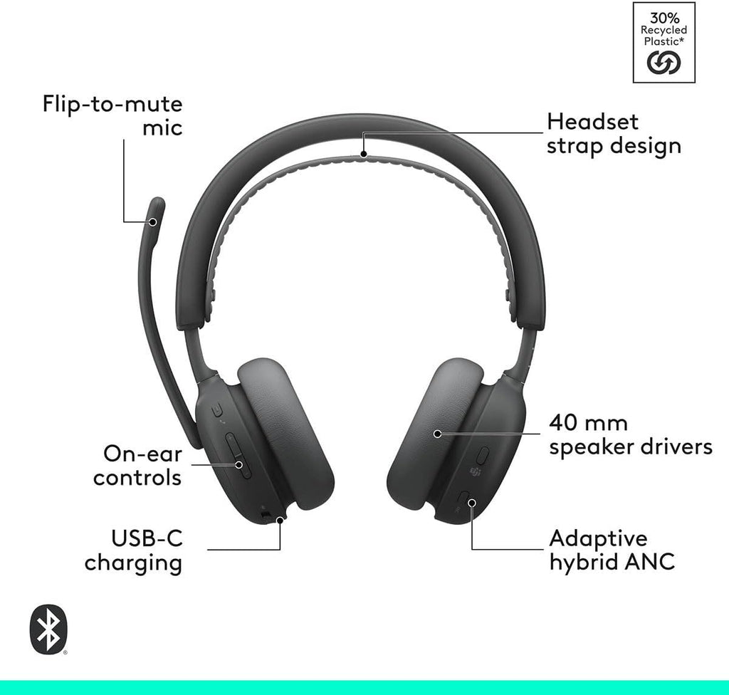 Logitech Zone Wireless 2 ES for Business - Noise-Canceling Wireless Headset with Adaptive Hybrid ANC, Native Bluetooth, Microsoft Teams Certified - Graphite
